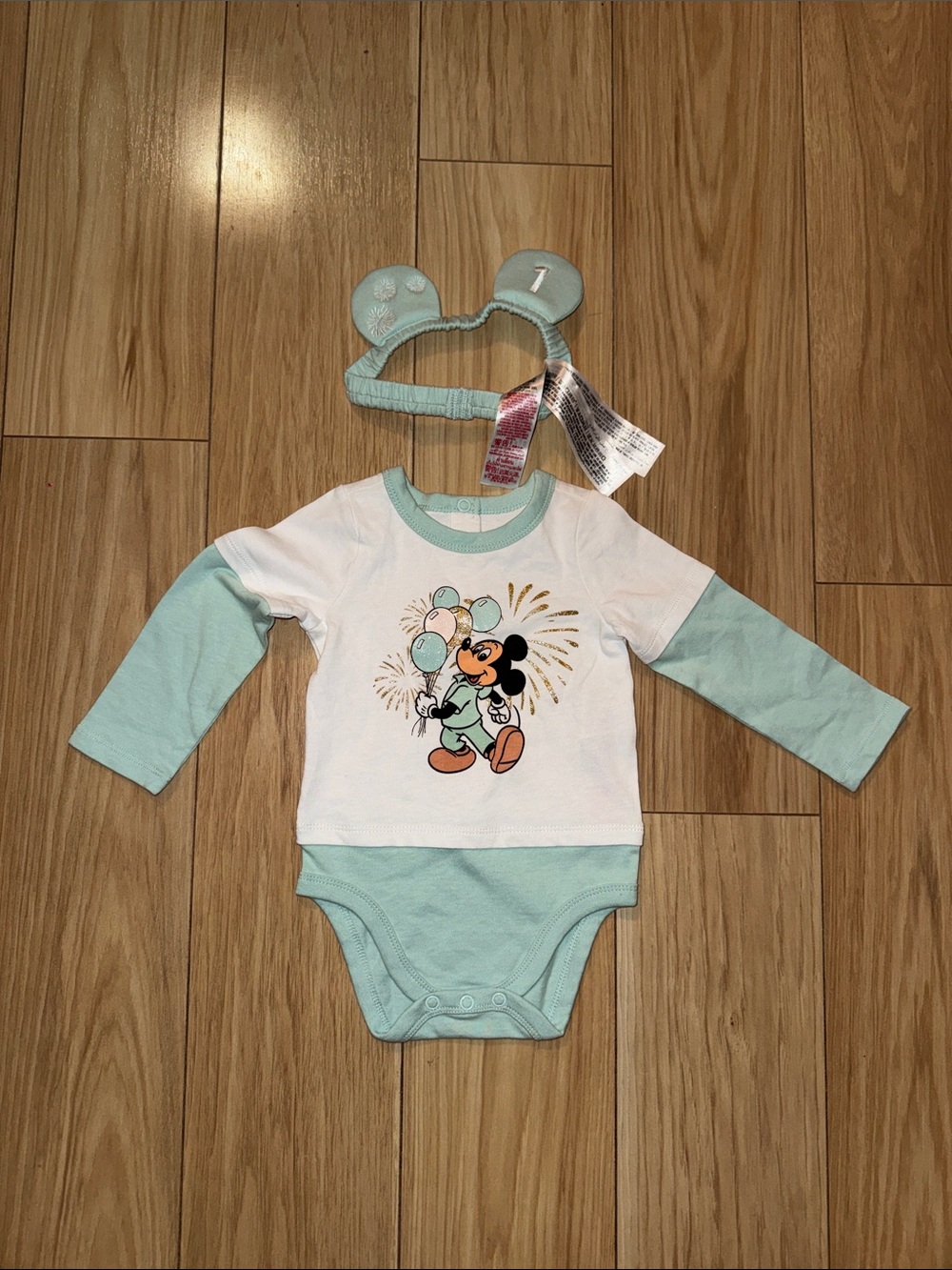NWOT Disney Baby Mint & White Mickey Mouse One-Piece Bodysuit with Ear Headband